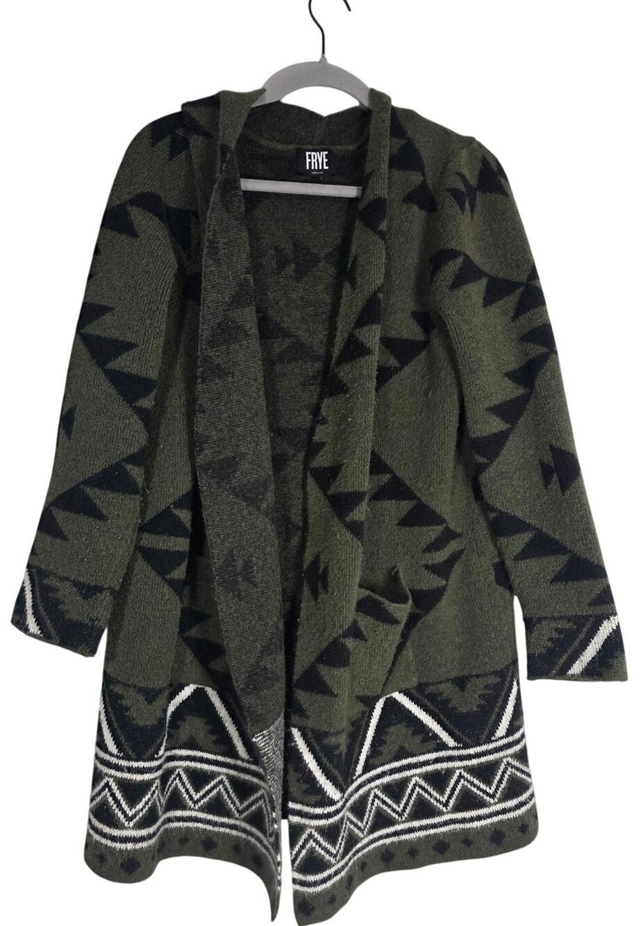 Frye The Cozy Cardigan Green Tribal Geometric Knit Sweater Women's XL Boho Layer
